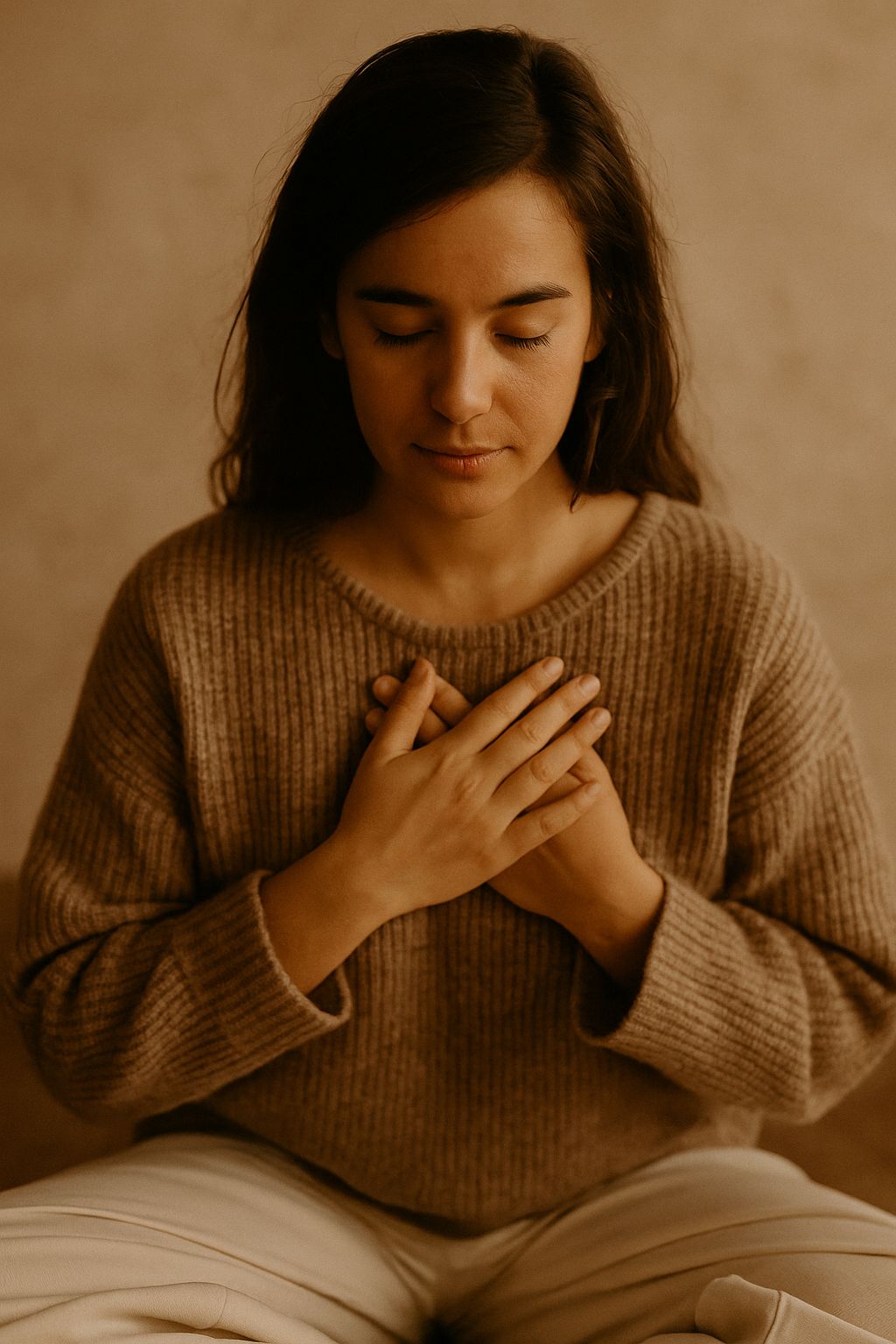 Imagen vertical cálida y emocional que transmite introspección, calma y conexión interior.
